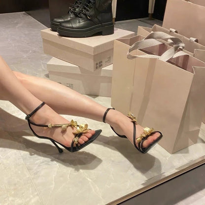 Peep-toe heels法式小众设计感金色玫瑰花细跟高跟鞋女夏季方头露趾一字带凉鞋