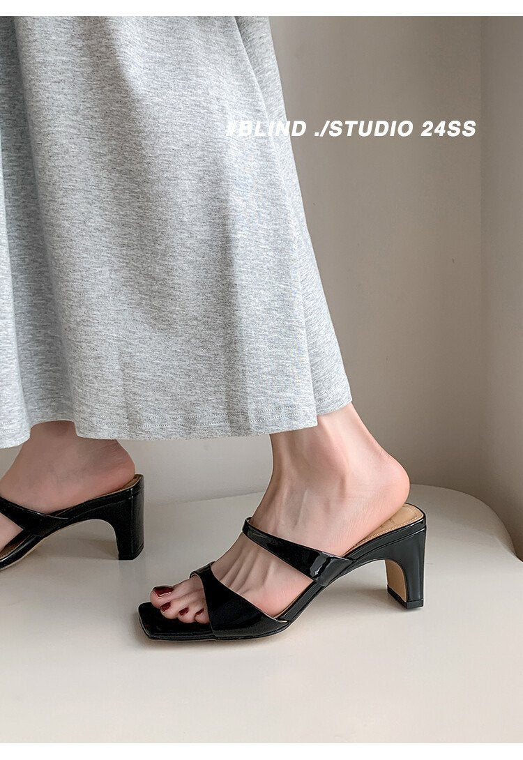 Peep-toe heels 2024年新款简约气质百搭法式一字带凉鞋裸色高跟拖鞋女夏外穿