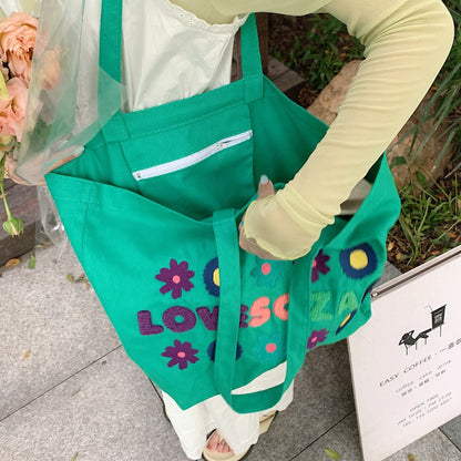 Shopping bag2622 包包女刺绣花朵帆布包潮法式少女单肩腋下包大学生布袋逛街