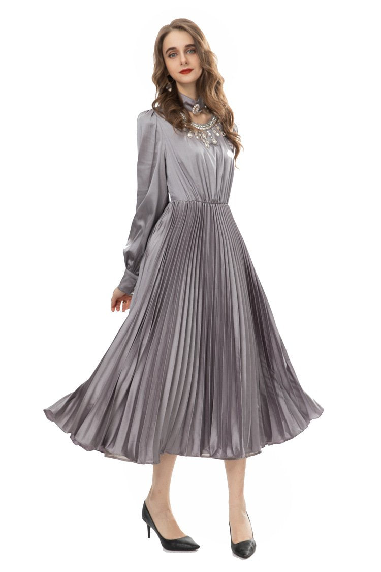 European and American Fashion South France Neck Elegant Dress Leisure Cocktail Dinner Beaded Pleated Waist dress 225205