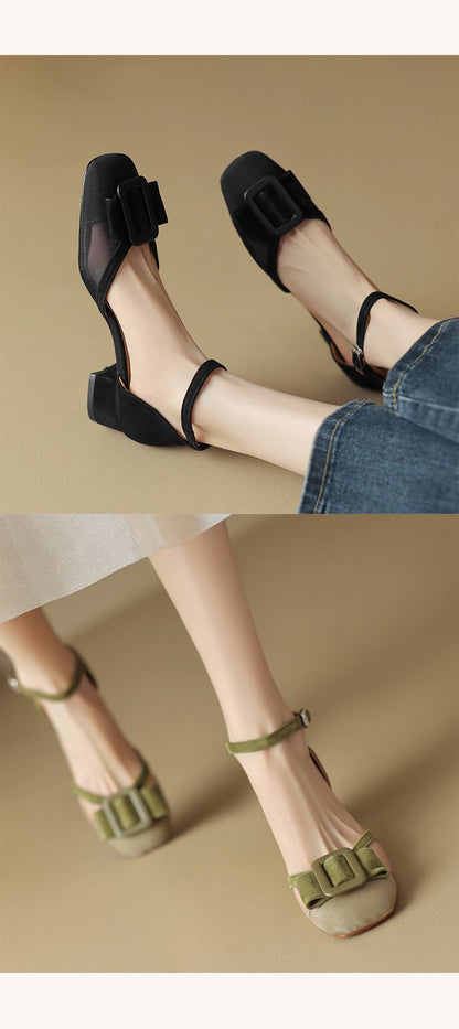 Peep-toe heels2023新款蝴蝶结粗跟凉鞋女拼色包头中空鞋单鞋