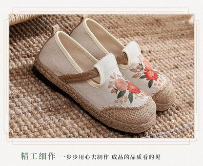 Flat cloth shoes批发日系绣花鞋一脚蹬渔夫鞋 车缝线棉麻刺绣鞋防滑透气 圆头女鞋