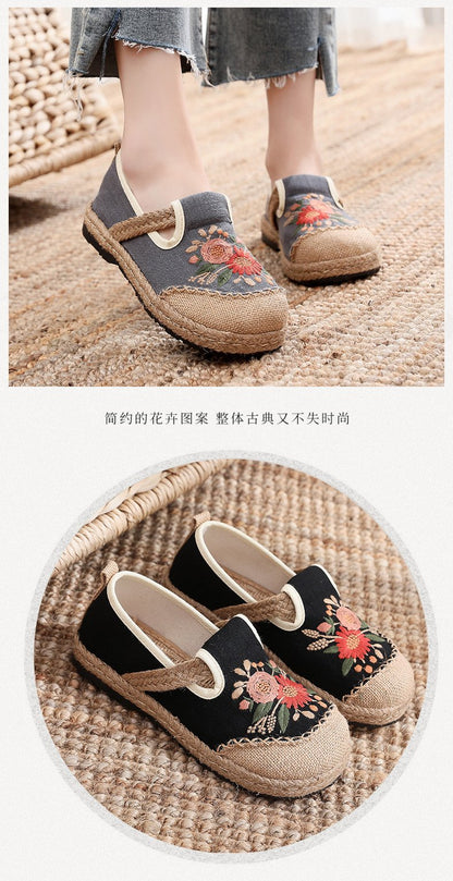 Flat cloth shoes批发日系绣花鞋一脚蹬渔夫鞋 车缝线棉麻刺绣鞋防滑透气 圆头女鞋