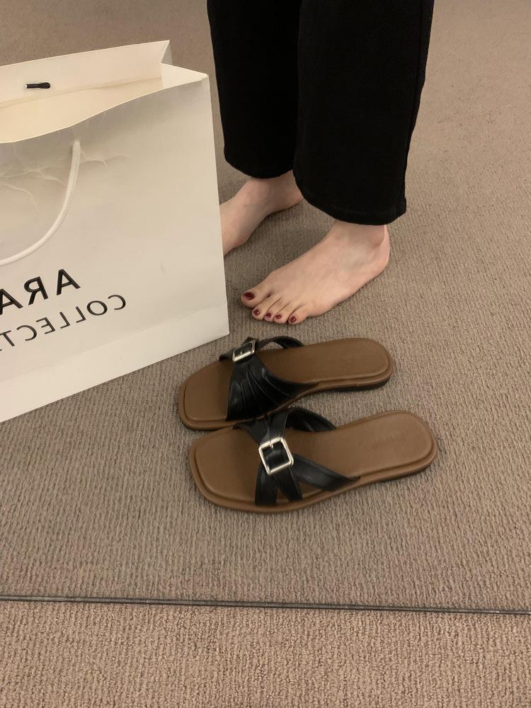 Open-toed sandals法式复古皮带扣一字拖鞋女夏外穿海边度假休闲沙滩鞋露趾平底凉拖