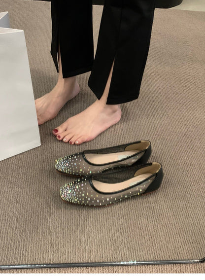 Flat shoes2024年春秋季新款法式平底方头水钻一脚蹬单鞋女网纱透气浅口奶奶