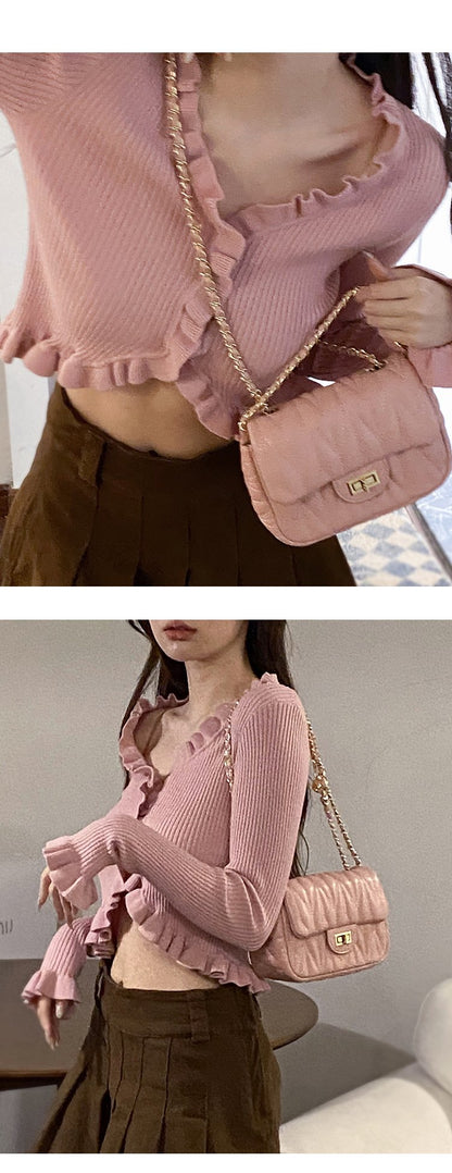 Shoulder handbag百搭斜挎包包女2023新款时尚菱格链条包粉色单肩小方包一件代发