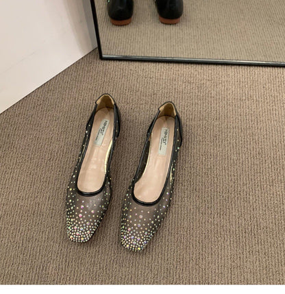 Flat shoes2024年春秋季新款法式平底方头水钻一脚蹬单鞋女网纱透气浅口奶奶