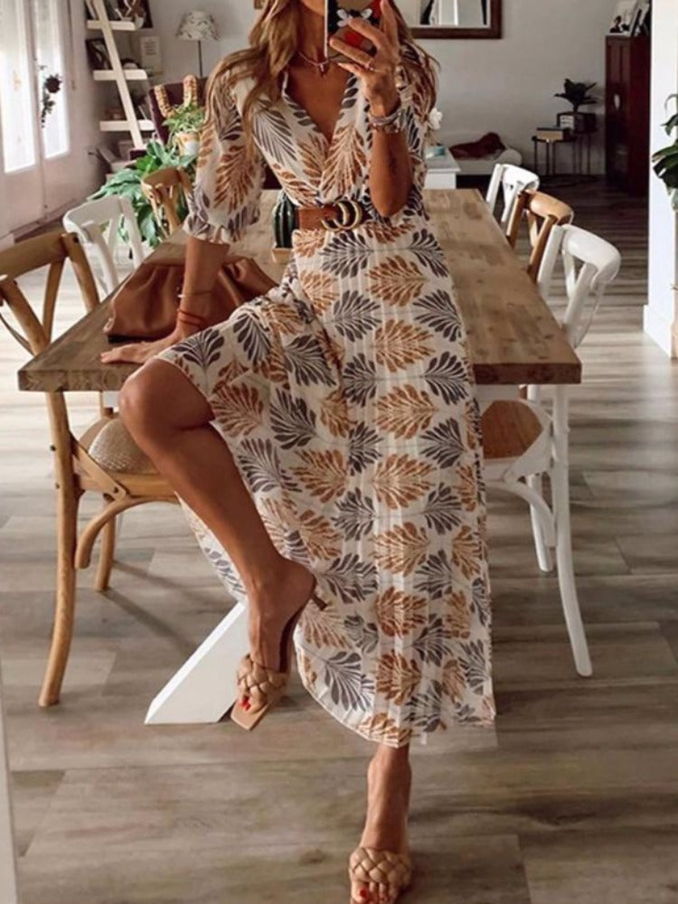 Bohemian New Style Printed Pleated Holiday Maxi Dress with Big Swing