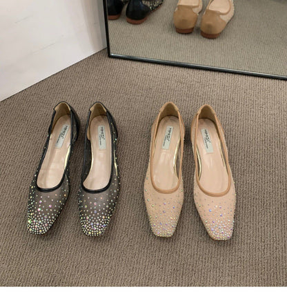 Flat shoes2024年春秋季新款法式平底方头水钻一脚蹬单鞋女网纱透气浅口奶奶