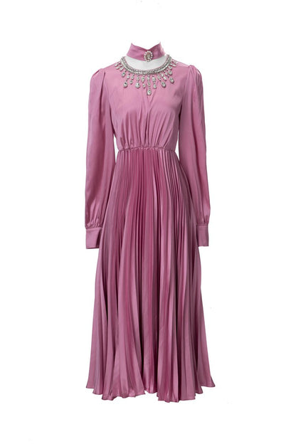 European and American Fashion South France Neck Elegant Dress Leisure Cocktail Dinner Beaded Pleated Waist dress 225205