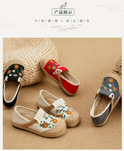 Flat cloth shoes定制2024春款绣花鞋 民族风女鞋亚麻休闲鞋 平跟低帮刺绣浅口单鞋