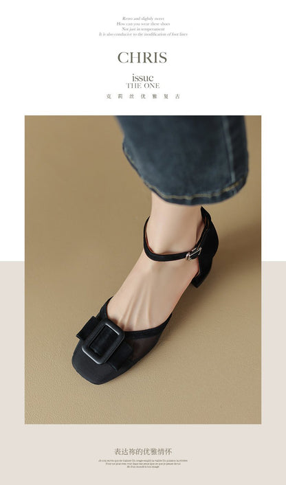 Peep-toe heels2023新款蝴蝶结粗跟凉鞋女拼色包头中空鞋单鞋