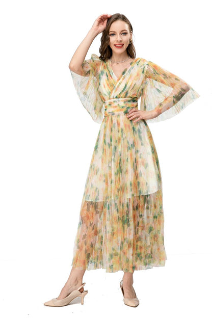 Europe and the United States spring and summer cross-border women's new printing retro gentle temperament heart-made lady dress 230806