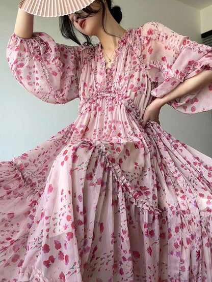 Party Gentle Style Puff Sleeve Floral Dress