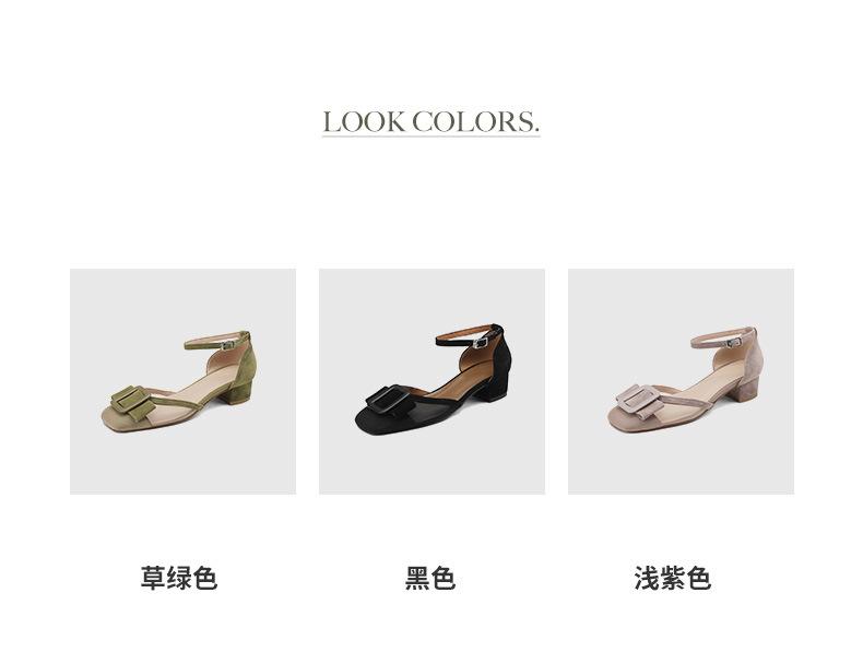 Peep-toe heels2023新款蝴蝶结粗跟凉鞋女拼色包头中空鞋单鞋