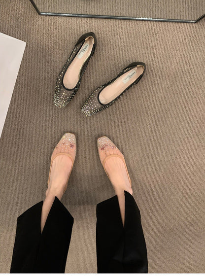 Flat shoes2024年春秋季新款法式平底方头水钻一脚蹬单鞋女网纱透气浅口奶奶