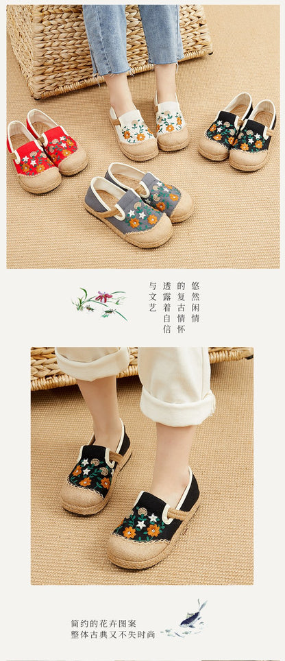 Flat cloth shoes定制2024春款绣花鞋 民族风女鞋亚麻休闲鞋 平跟低帮刺绣浅口单鞋