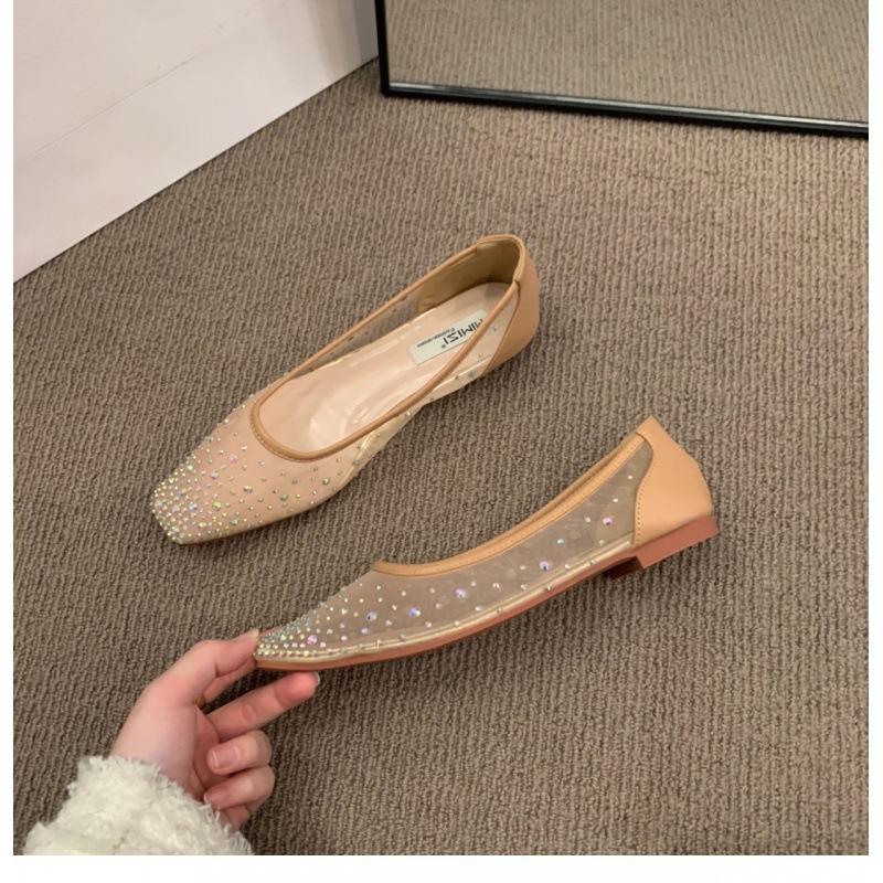 Flat shoes2024年春秋季新款法式平底方头水钻一脚蹬单鞋女网纱透气浅口奶奶