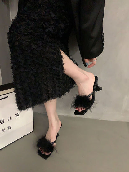 Peep-toe heels法式高跟鞋毛毛拖鞋女鞋子外穿2023年新款夏季仙女风黑色凉拖凉鞋