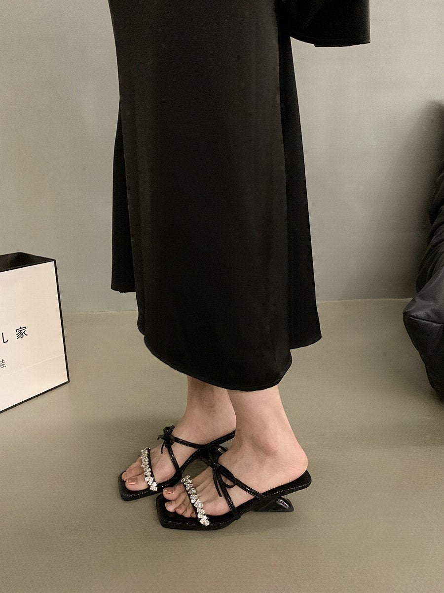 Peep-toe heels小众法式气质高跟水钻小凉拖鞋仙女鞋子2024新款夏季外穿黑色凉鞋