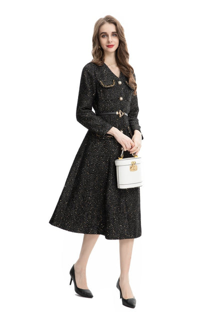 French Women's Slim-fit Hip Bag Single-breasted Pocket Fragrant Lady Woolen Coat with Belt 224904