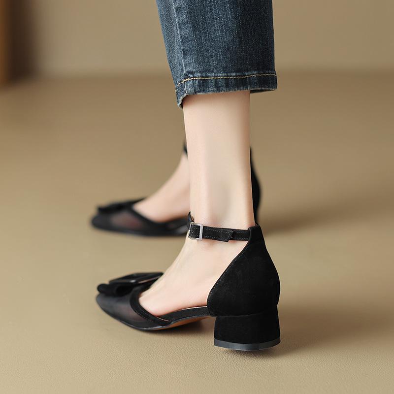 Peep-toe heels2023新款蝴蝶结粗跟凉鞋女拼色包头中空鞋单鞋