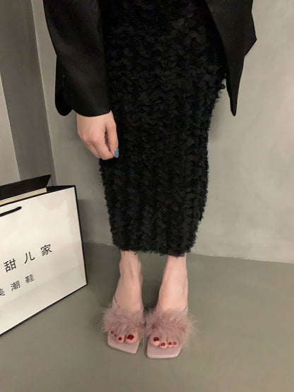 Peep-toe heels法式高跟鞋毛毛拖鞋女鞋子外穿2023年新款夏季仙女风黑色凉拖凉鞋