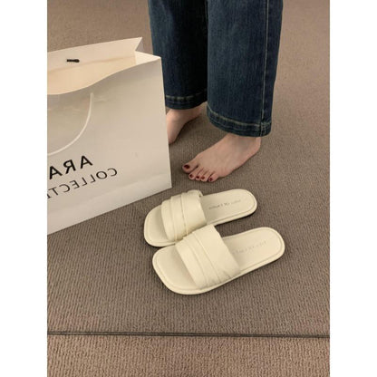 Open-toed sandals褶皱一字带露趾平底拖鞋女夏外穿一脚蹬懒人鞋海边度假沙滩鞋