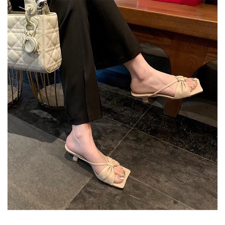 Peep-toe heels法式凉鞋女2023新款夏季仙女细带小粗跟一字带拖鞋外穿中高跟鞋子